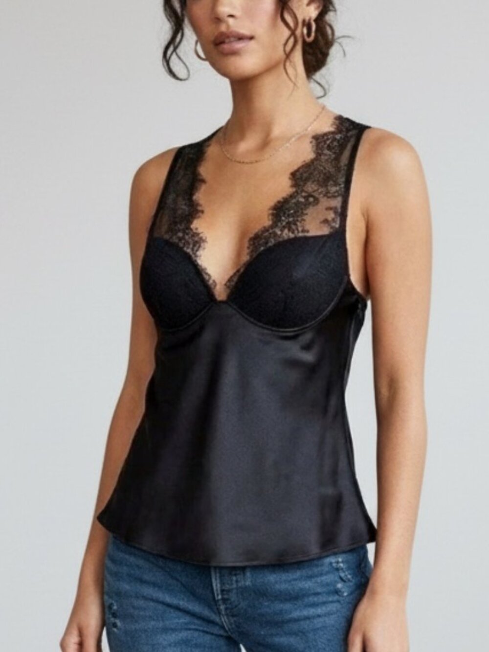 Zara Black Satin Lace Cami Top Size S